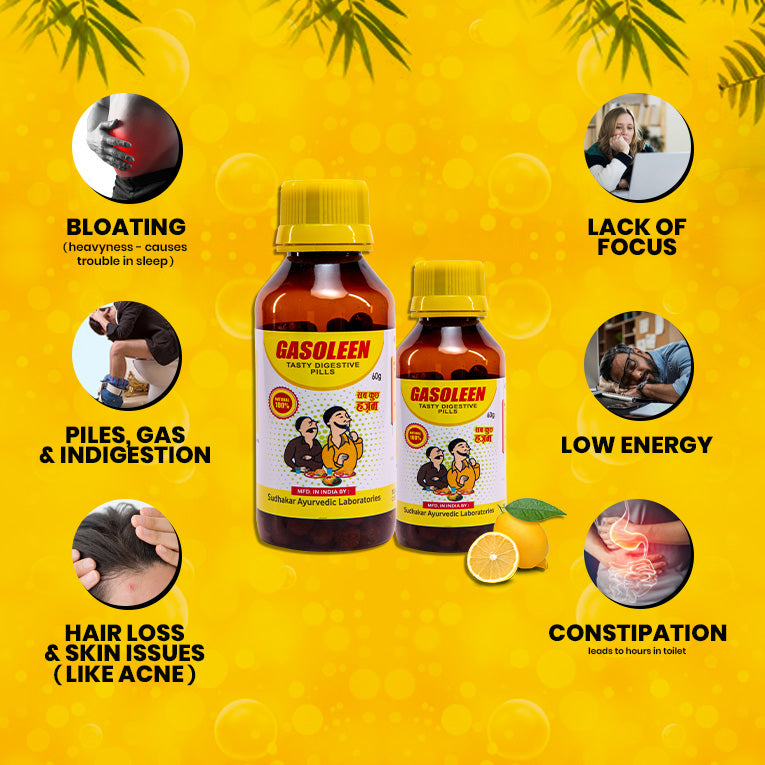Ayurvedic solution for constipation, piles, bloating, and low energy with Gasoleen pills