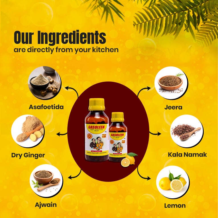Gasoleen digestive pills made with natural kitchen ingredients like jeera, ajwain, ginger, lemon
