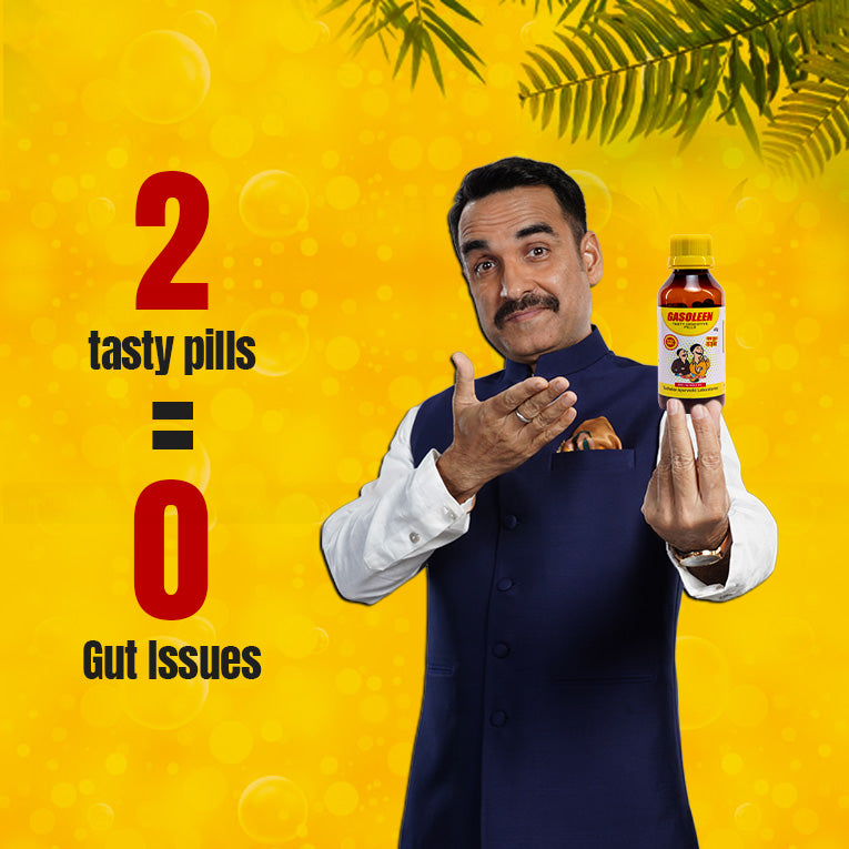 Bollywood actor Pankaj Tripathi showing 2 tasty Gasoleen pills for zero gut issues
