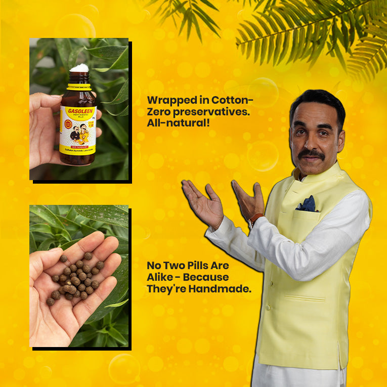 Bollywood actor Pankaj Tripathi showing 2 tasty Gasoleen pills for zero gut issues
